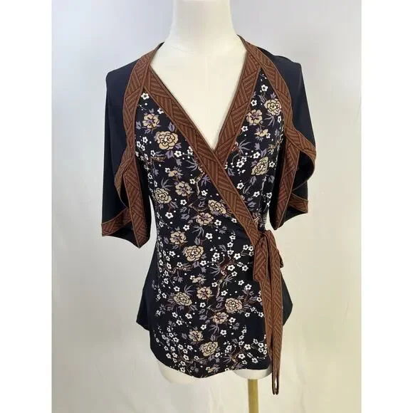 VTG BCBG Gorgeous Y2K Asian Print Kimono Wrap Top Women’s Small Blue Brown - Picture 1 of 11